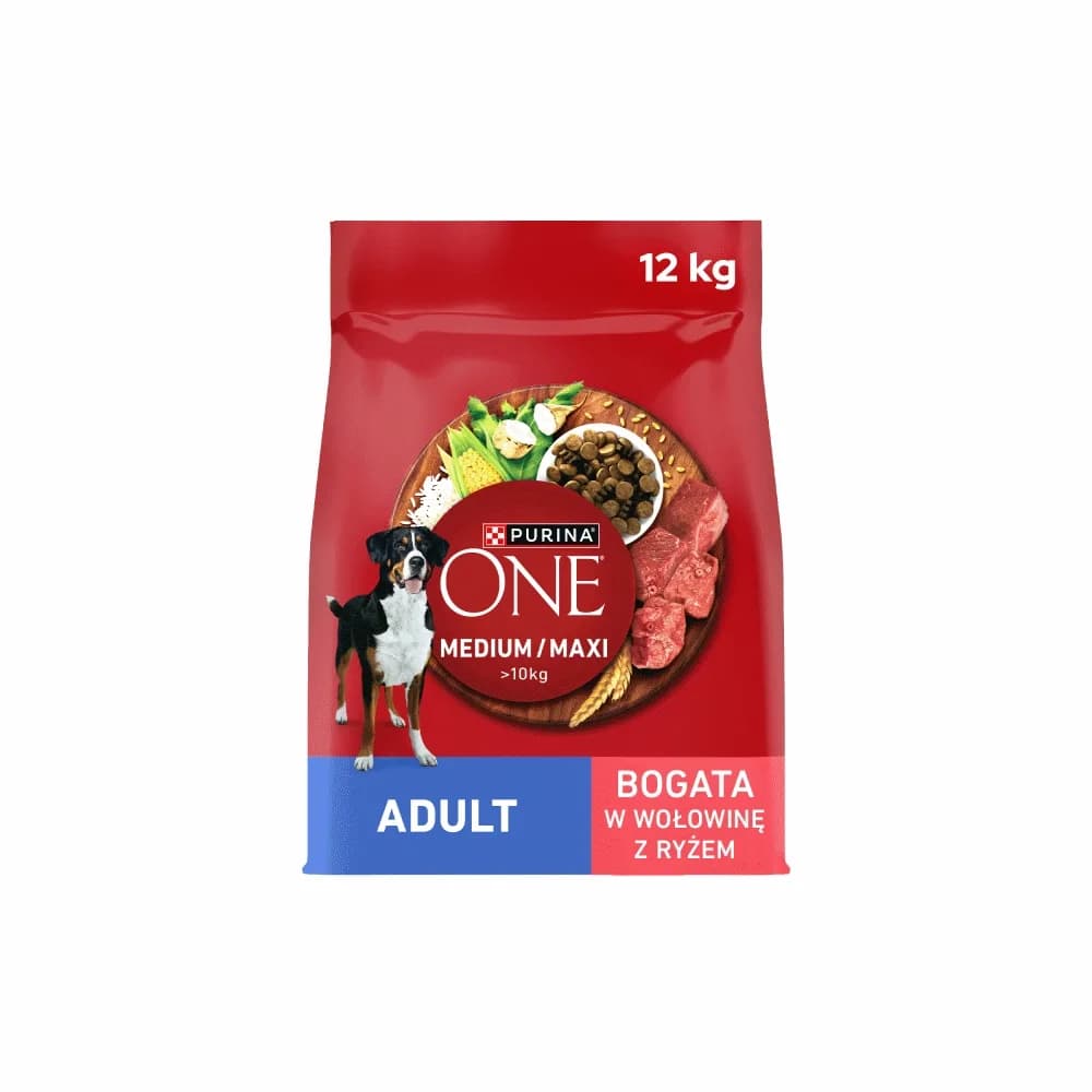 Purina ONE Adult Medium/Maxi Karma dla dorosłych psów bogata w wołowinę z ryżem – 12 kg