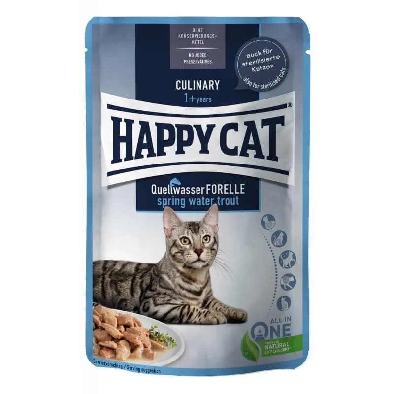 Happy Cat Mokra karma, dla kotów dorosłych, pstrąg, saszetka 85 g