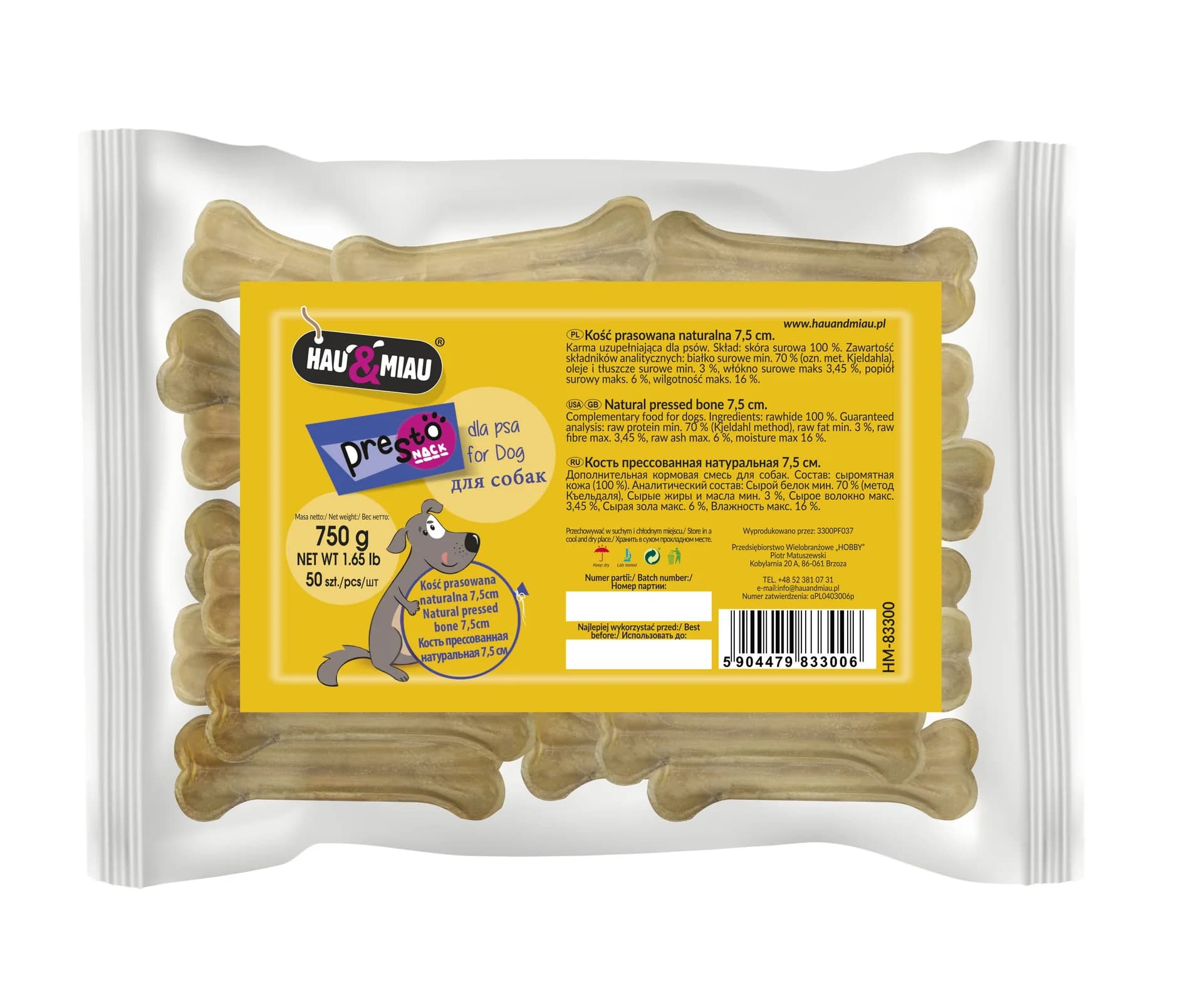 Hau&Miau Kość prasowana naturalna dla psa – 5 cm / 5 cm