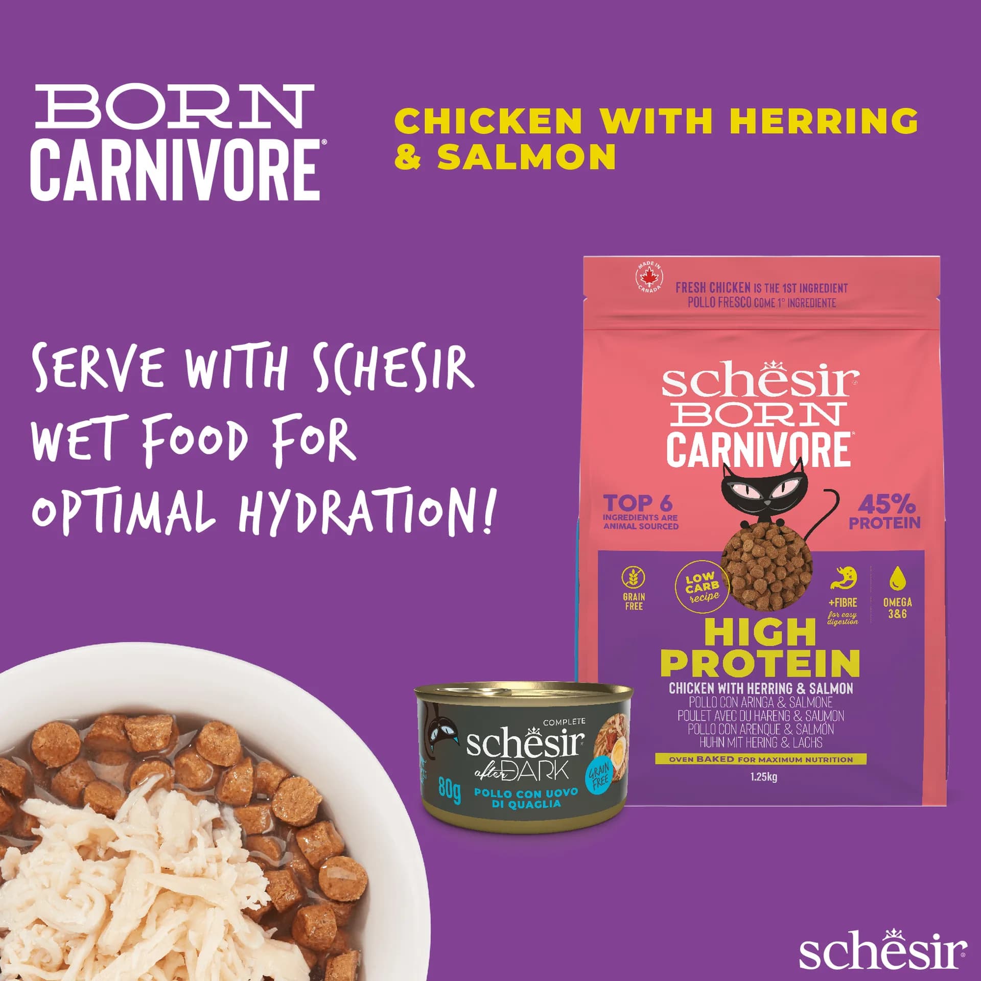 Schesir Born Carnivore karma sucha dla kotów o smaku kurczak i śledź – 1,25 kg
