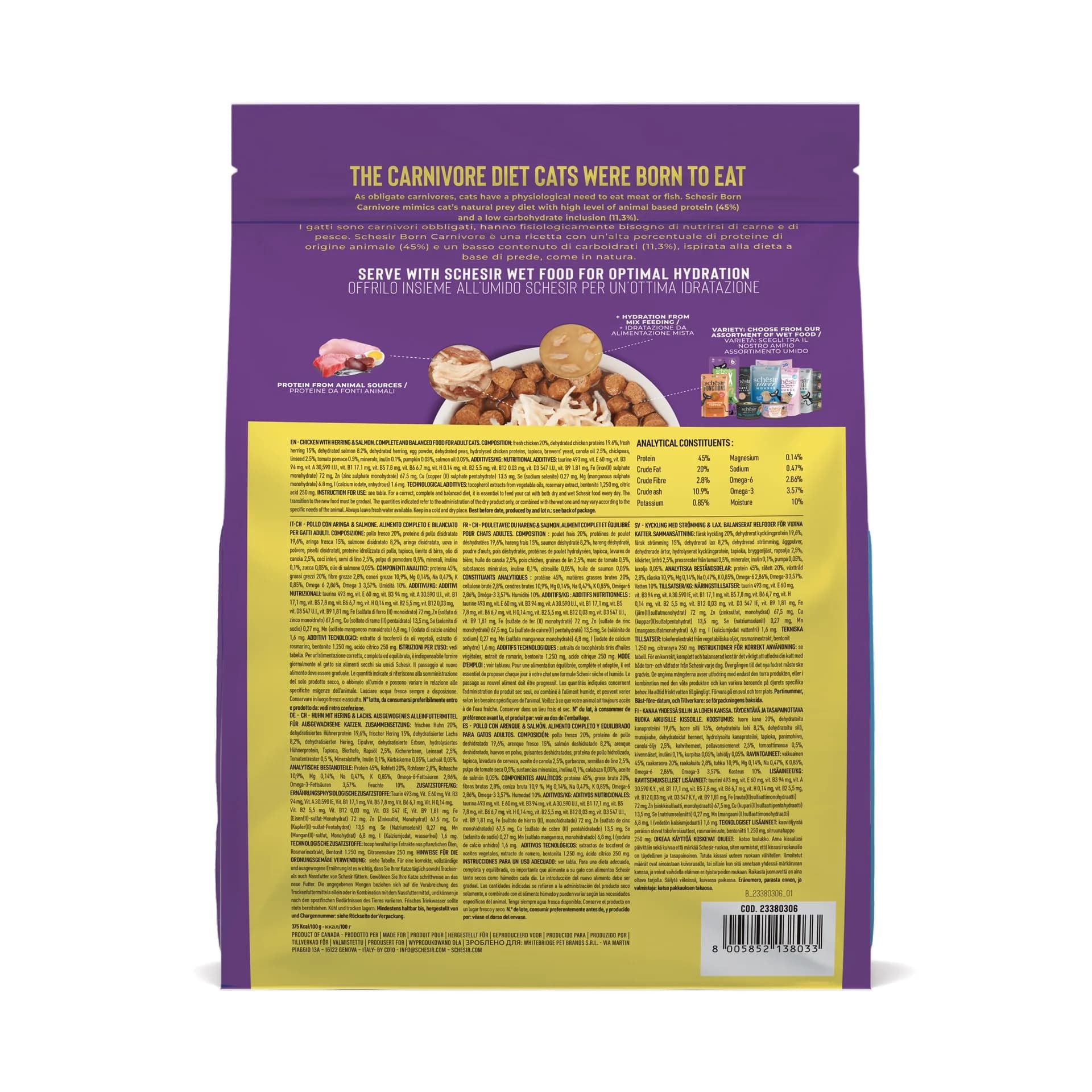 Schesir Born Carnivore karma sucha dla kotów o smaku kurczak i śledź – 255 g