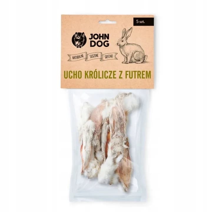 John Dog Ucho Królicze z Futrem 100% gryzak Smakołyk Nagroda dla psów 5 szt.