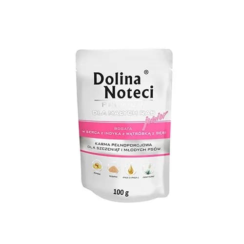 Dolina Noteci Premium Junior saszetka bogata w serca z indyka z wątróbką z gęsi dla psa 100 g
