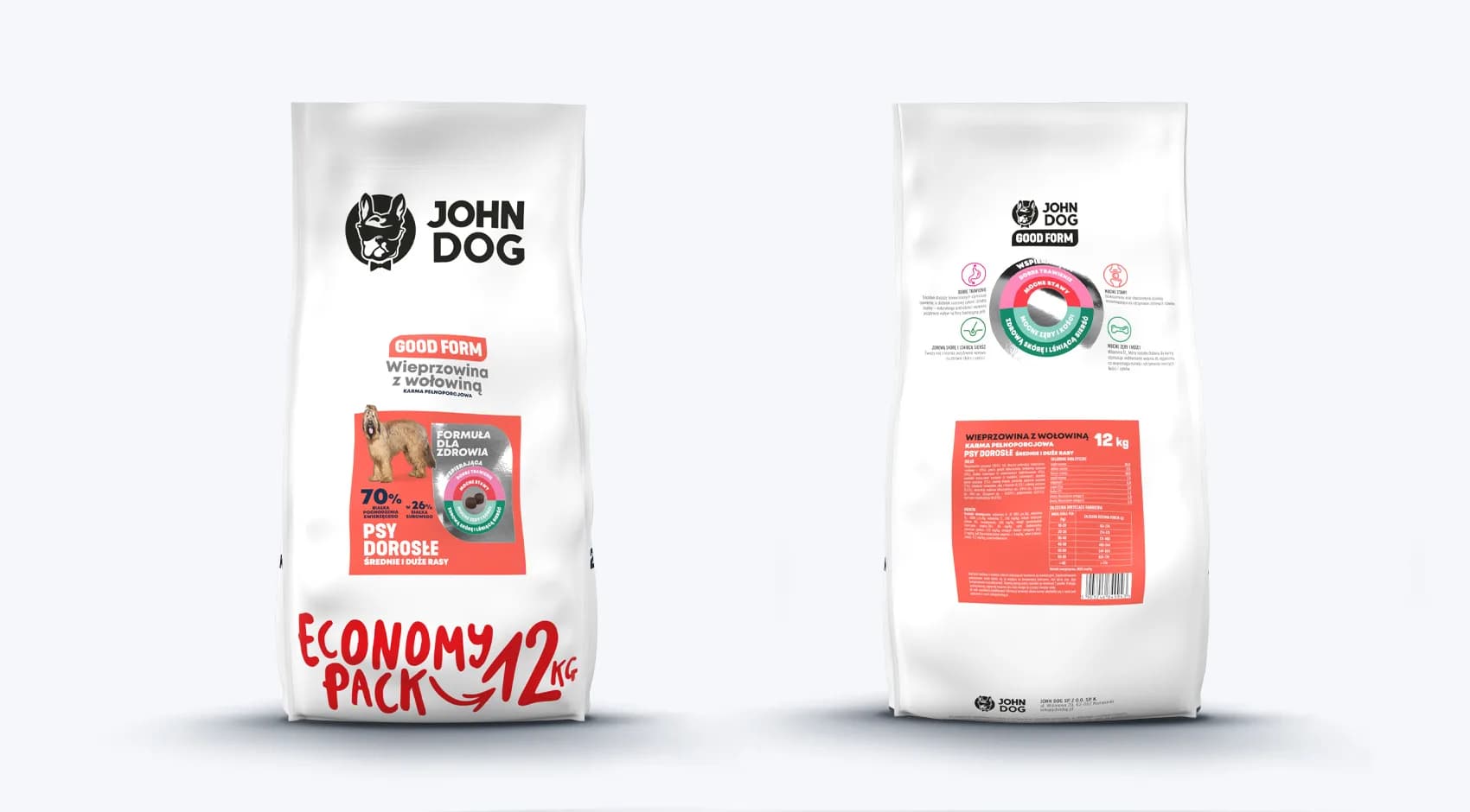 John Dog Good Form Adult Pork with Beef karma sucha z wieprzowiną, wołowiną i ryżem dla dorosłych psów średnich i dużych ras – 120 g