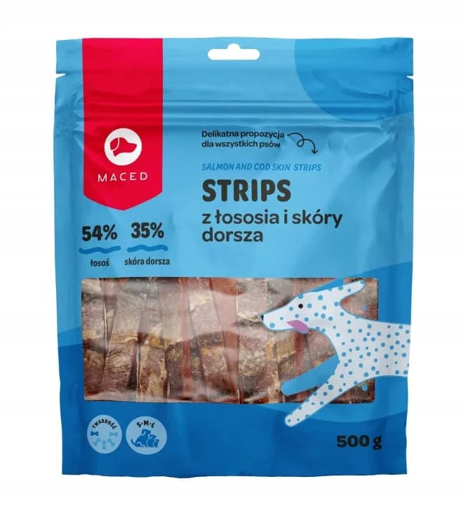 Maced Strips Przysmak dla psów Łososia i Skóry Dorsza Smakołyki 500 g