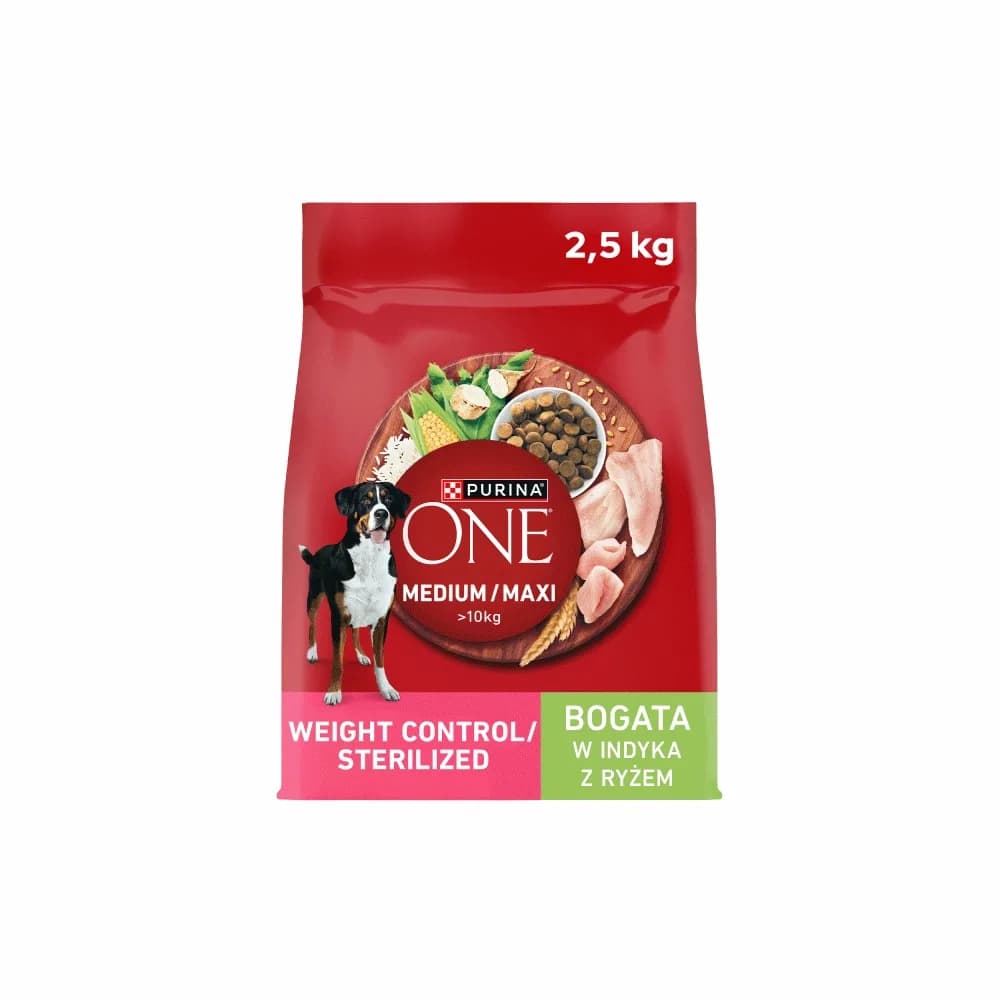 Purina ONE Weight Control/Sterilized Medium/Maxi karma sucha dla dorosłych psów bogata w indyka z ryżem 2,5 kg
