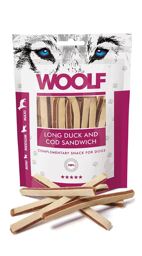 Woolf Soft Duck Cod Sandwich Long przysmak dla psa paski z Kaczką i Dorszem 100 g