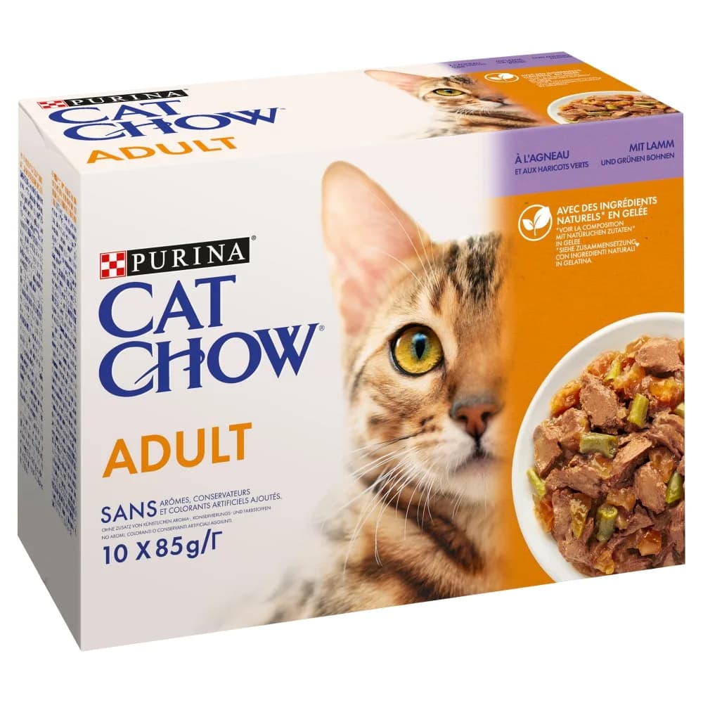 Cat Chow Purina Adult karma mokra z jagnięciną i zieloną fasolką w sosie dla dorosłych kotów – 10x85 g