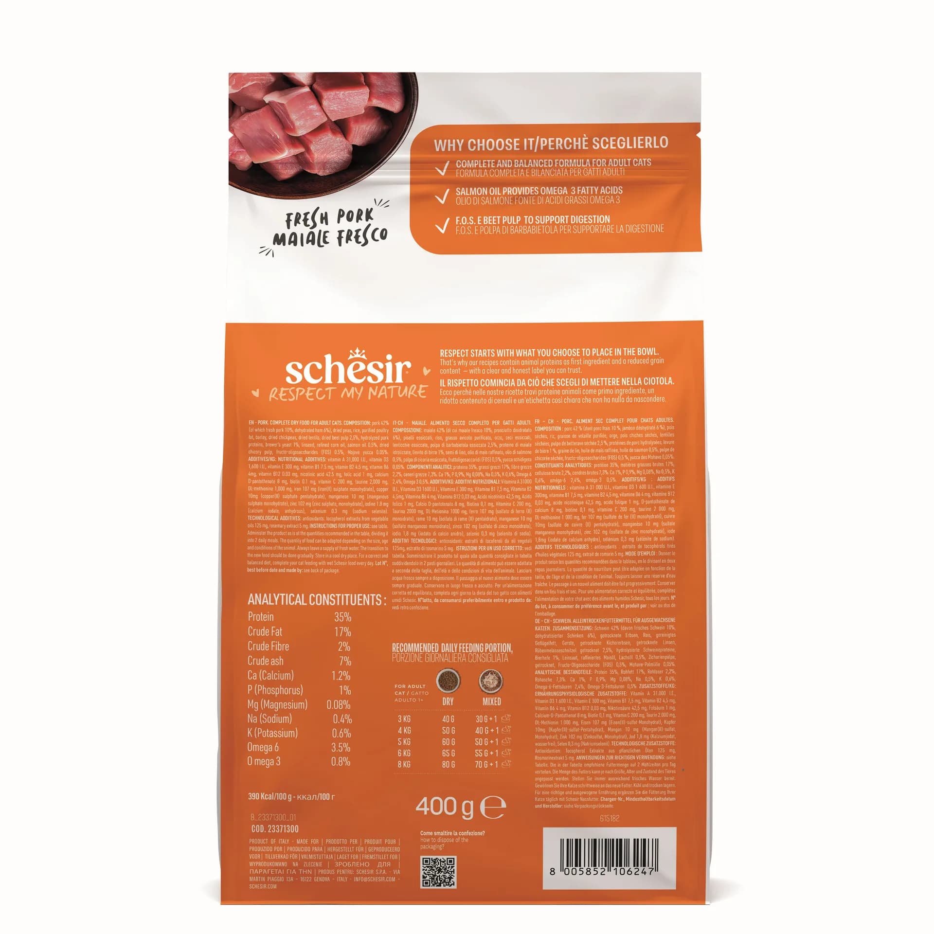 Schesir Animal Monoprotein Formula karma sucha dla dorosłego kota szynka worek – 400 g