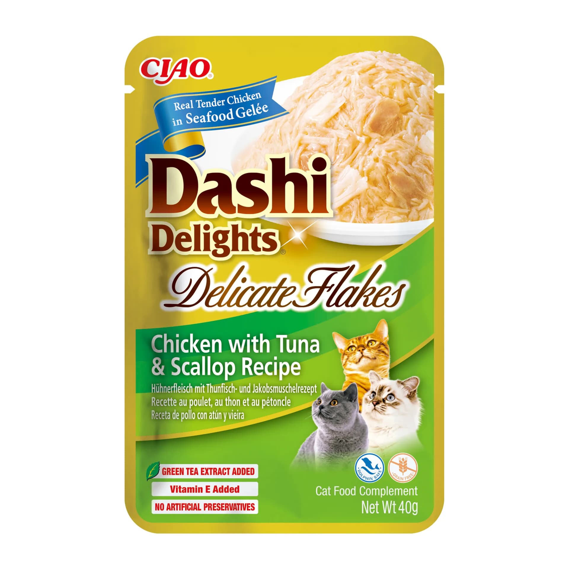 INABA Dashi Delights Delicate Flakes karma mokra z kurczakiem, tuńczykiem i przegrzebkami dla kotów 40 g