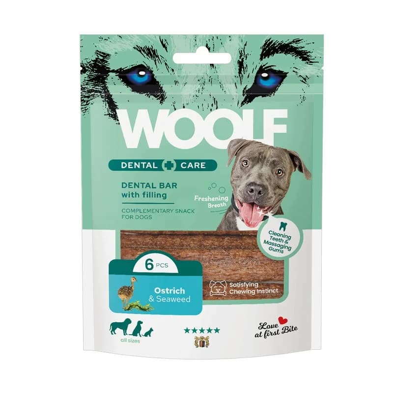 Woolf Dental Care Dentystyczny przysmak dla psa Struś i wodorosty 108 g