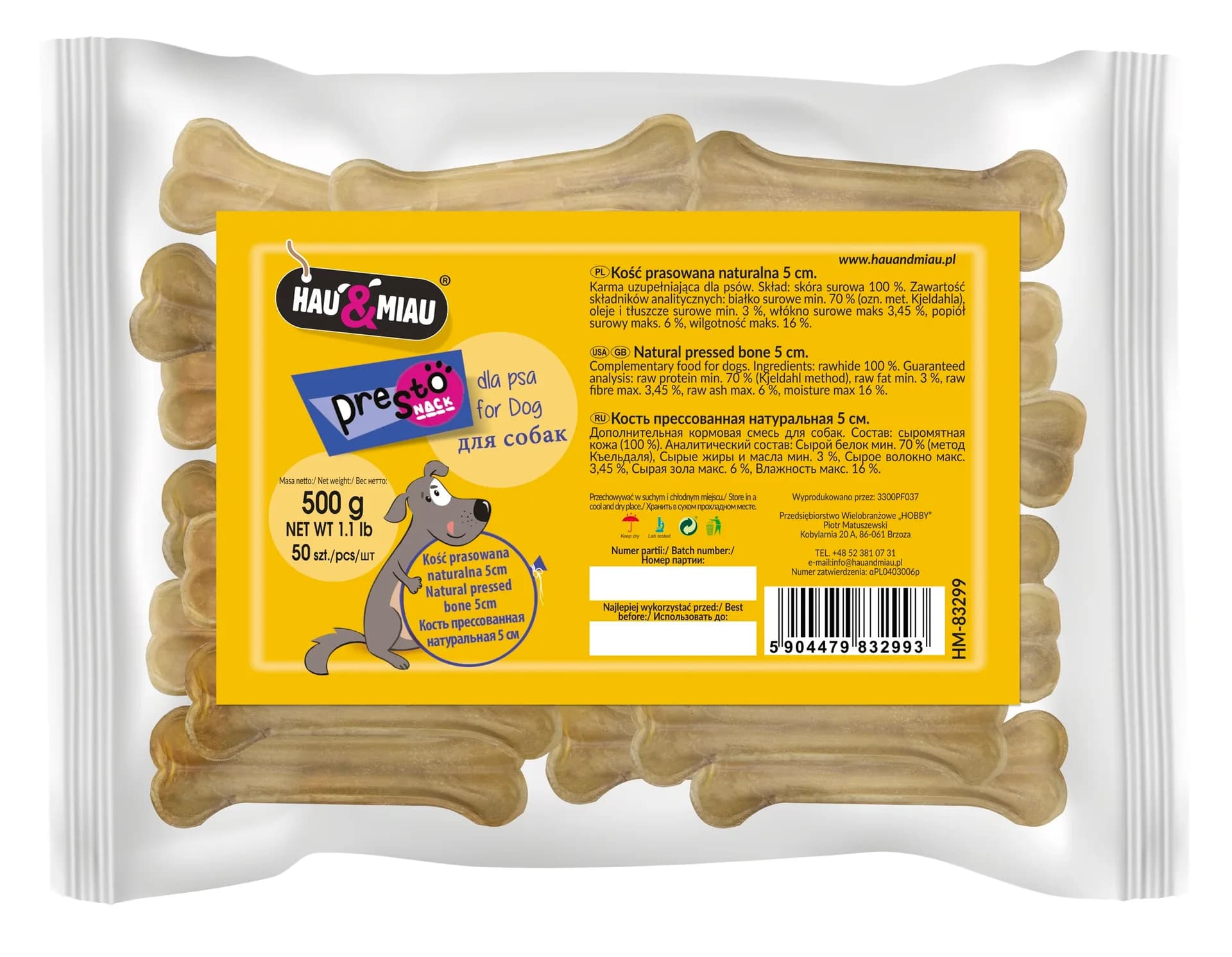 Hau&Miau Kość prasowana naturalna dla psa – 5 cm / 5 cm