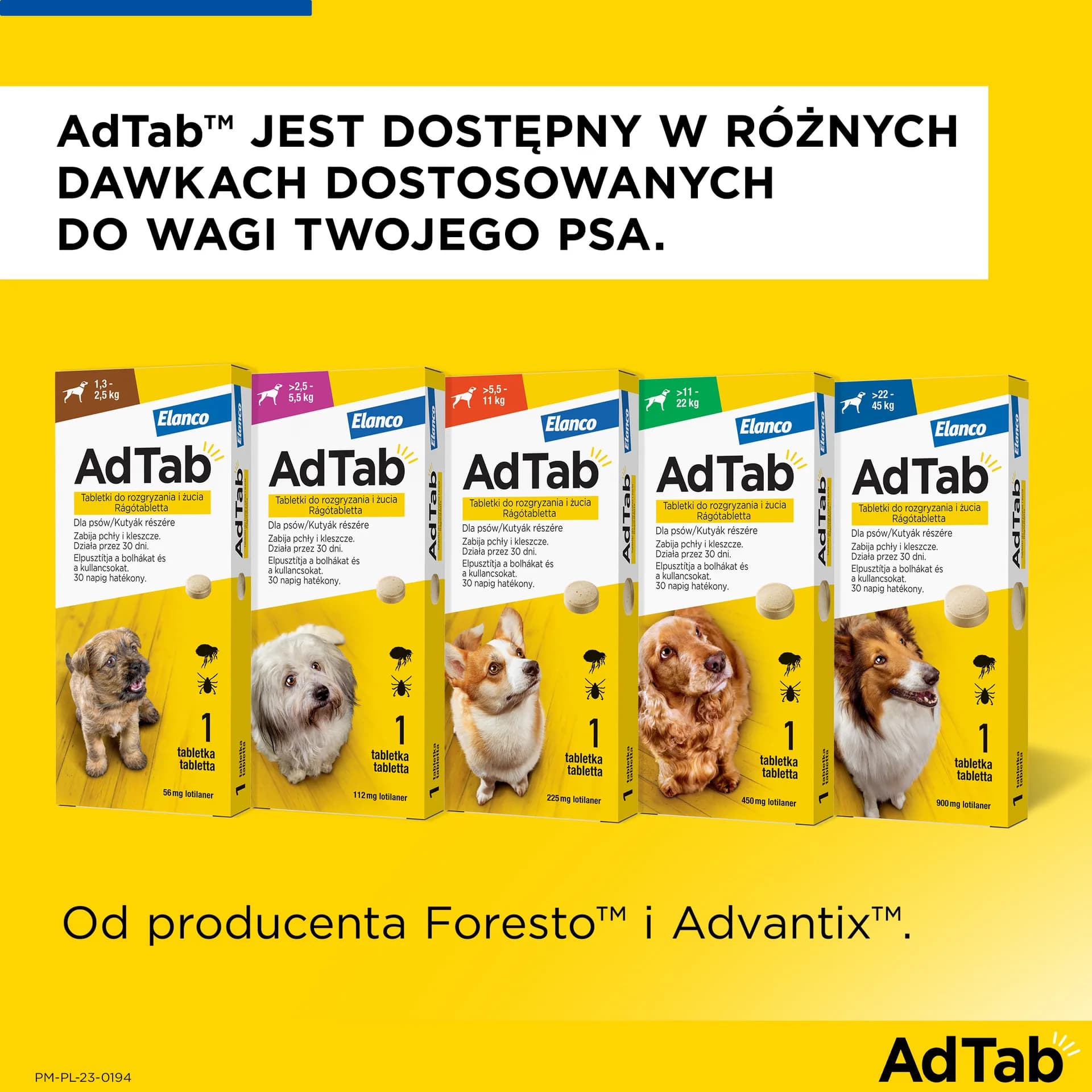 Elanco AdTab tabletki do rozgryzania i żucia dla psów 450 mg dla psów – dla psów 22-45 kg