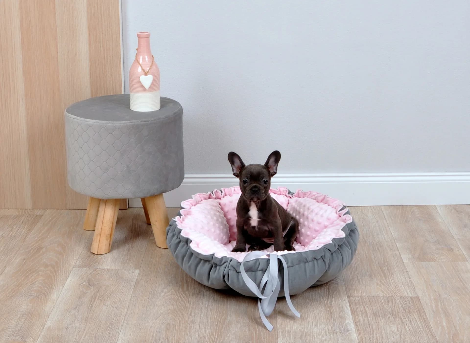 Lauren Design Legowisko dla kota i psa Daisy Velvet – szary velvet + róż minky / ⌀ 80