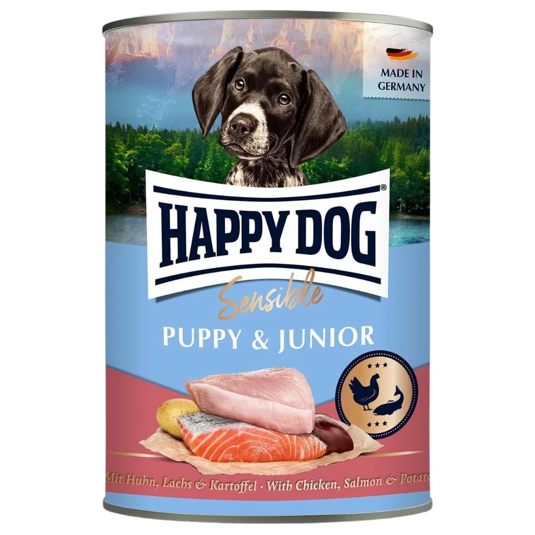 Happy Dog Sensible Puppy & Junior Kurczak, Łosoś i Ziemniaki karma mokra dla szczeniąt – 400 g