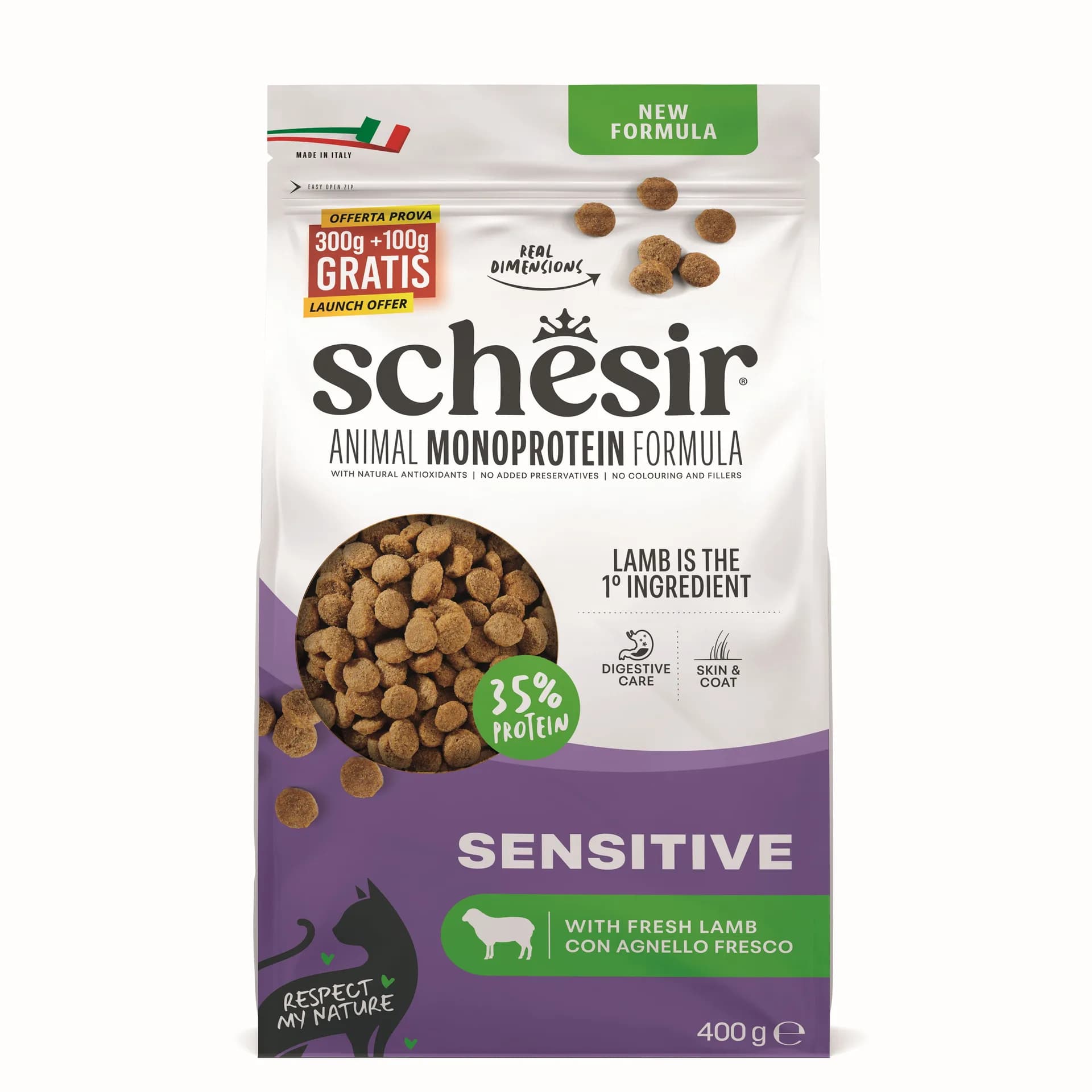 Schesir Animal Monoprotein Formula Sensitive karma sucha dla dorosłych kotów jagnięcina worek – 400 g