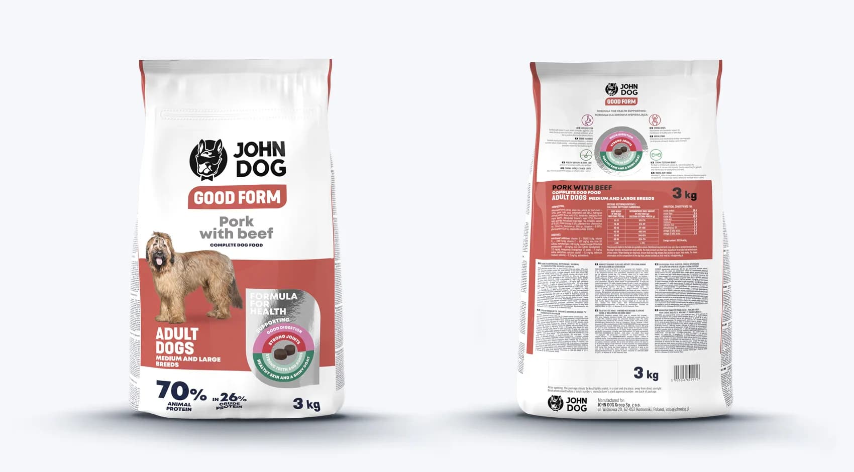 John Dog Good Form Adult Pork with Beef karma sucha z wieprzowiną, wołowiną i ryżem dla dorosłych psów średnich i dużych ras – 120 g