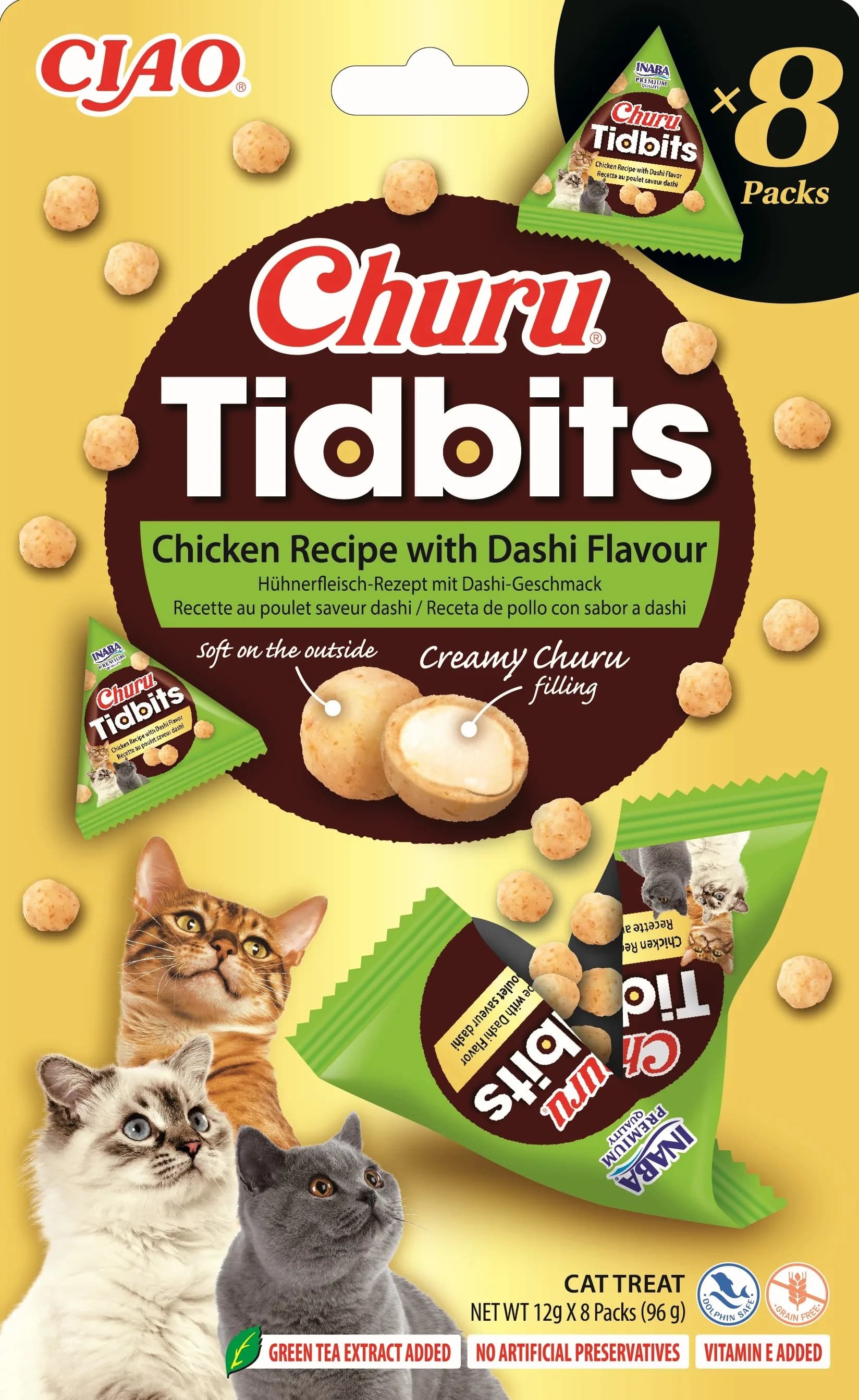INABA Churu Tidbits 8P Uzupełniająca karma dla kotów formuła z kurczakiem o smaku bulionu dashi 8 × 12 g