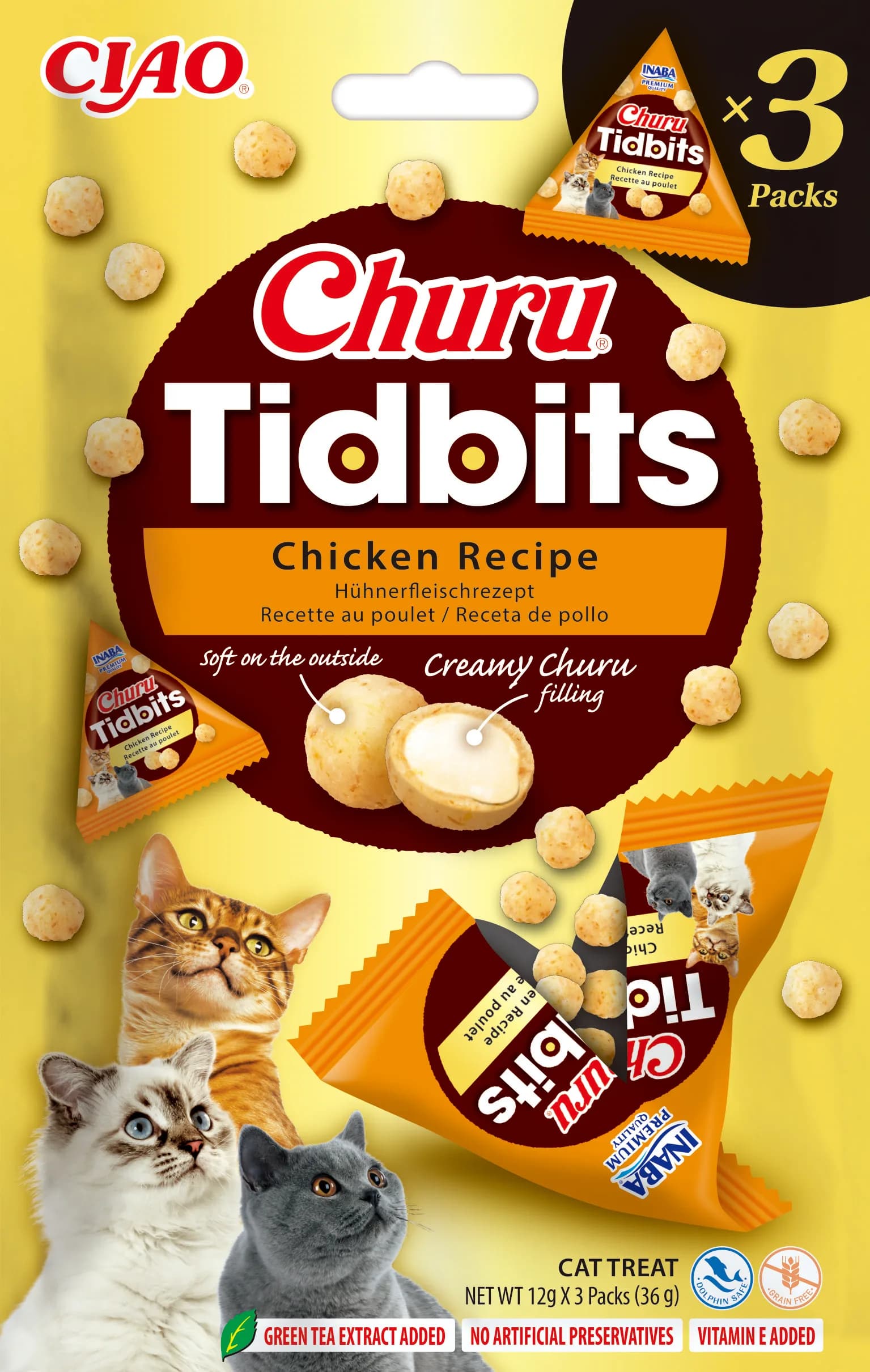 INABA Churu Tidbits 3P Uzupełniająca karma dla kotów Formuła z kurczakiem 3 × 12 g