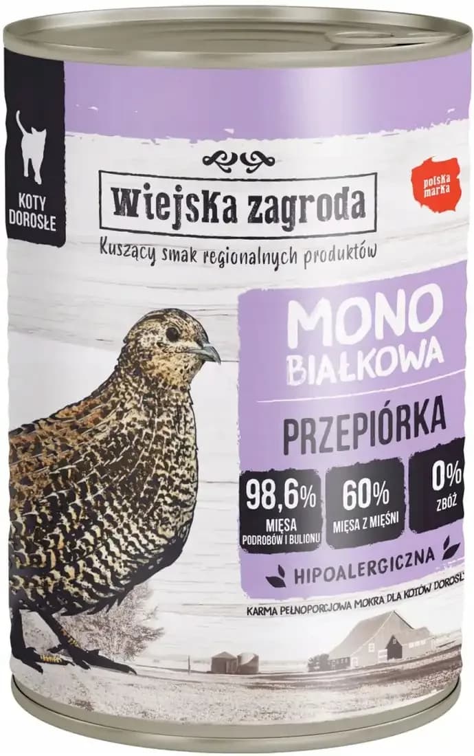 Wiejska Zagroda karma Mokra dla dorosłych kotów monobiałkowa przepiórka – 400 g