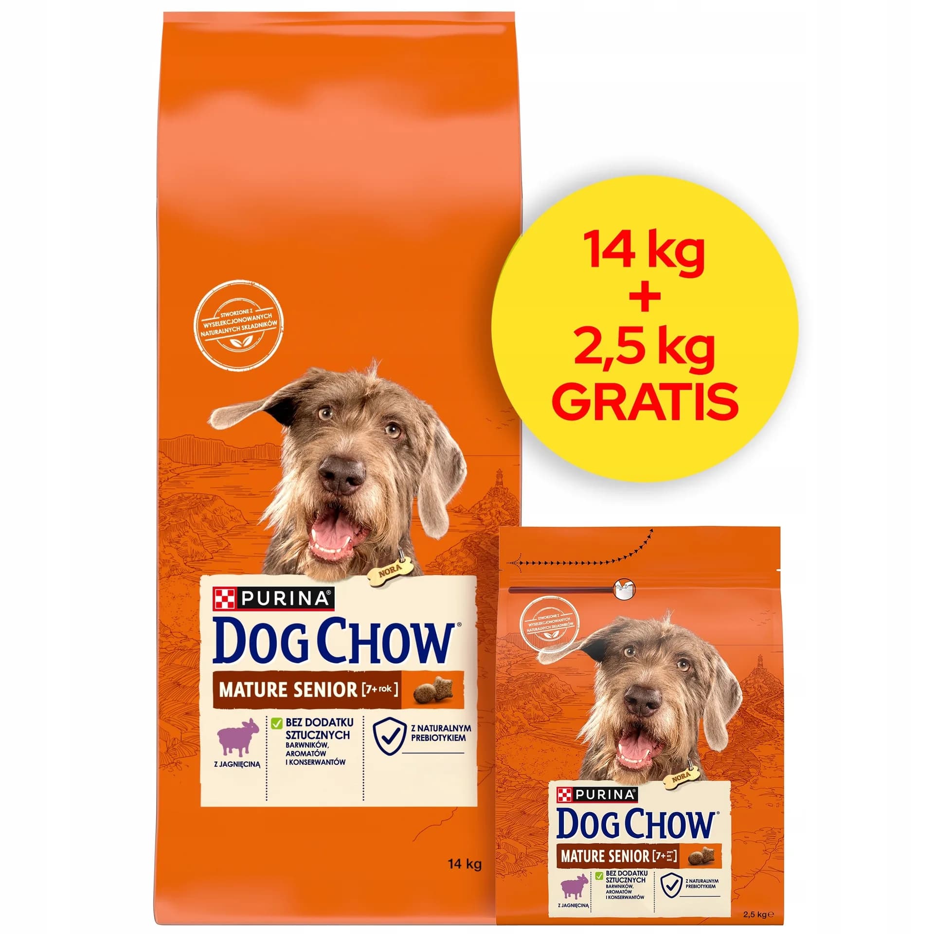 Dog Chow Purina Mature Senior karma sucha z jagnięciną dla starszych psów 14 kg + 2,5 kg