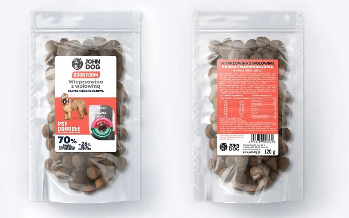 John Dog Good Form Adult Pork with Beef karma sucha z wieprzowiną, wołowiną i ryżem dla dorosłych psów średnich i dużych ras – 120 g