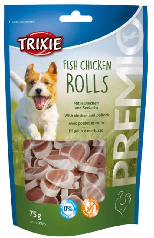 Trixie Przekąski dla psa Premio Rolls talarki przysmak kurczak z mintajem 75 g