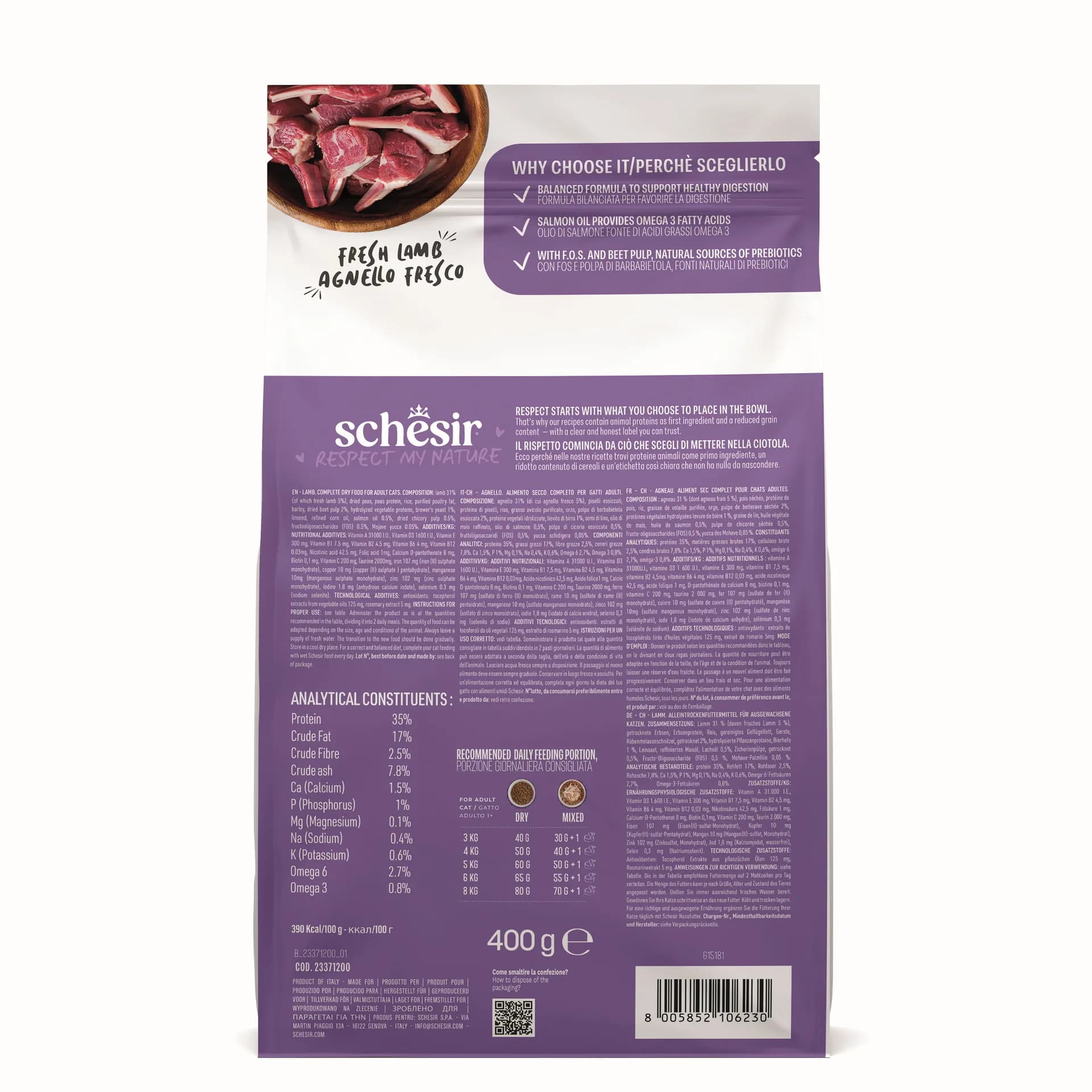 Schesir Animal Monoprotein Formula Sensitive karma sucha dla dorosłych kotów jagnięcina worek – 400 g