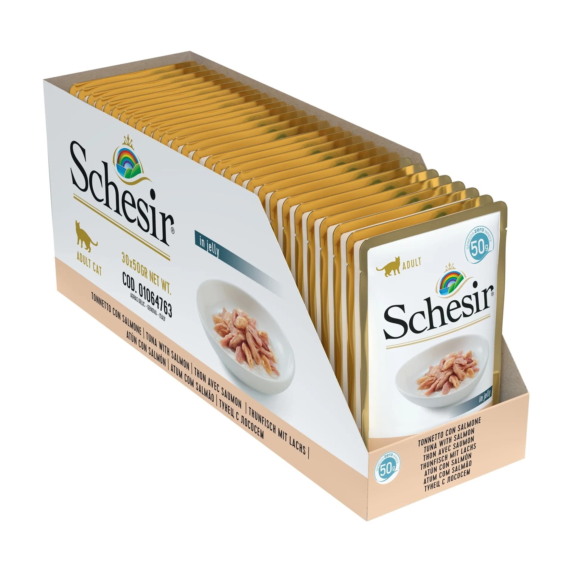 Schesir karma mokra dla dorosłych kotów tuńczyk z łososiem w galarecie 50 g