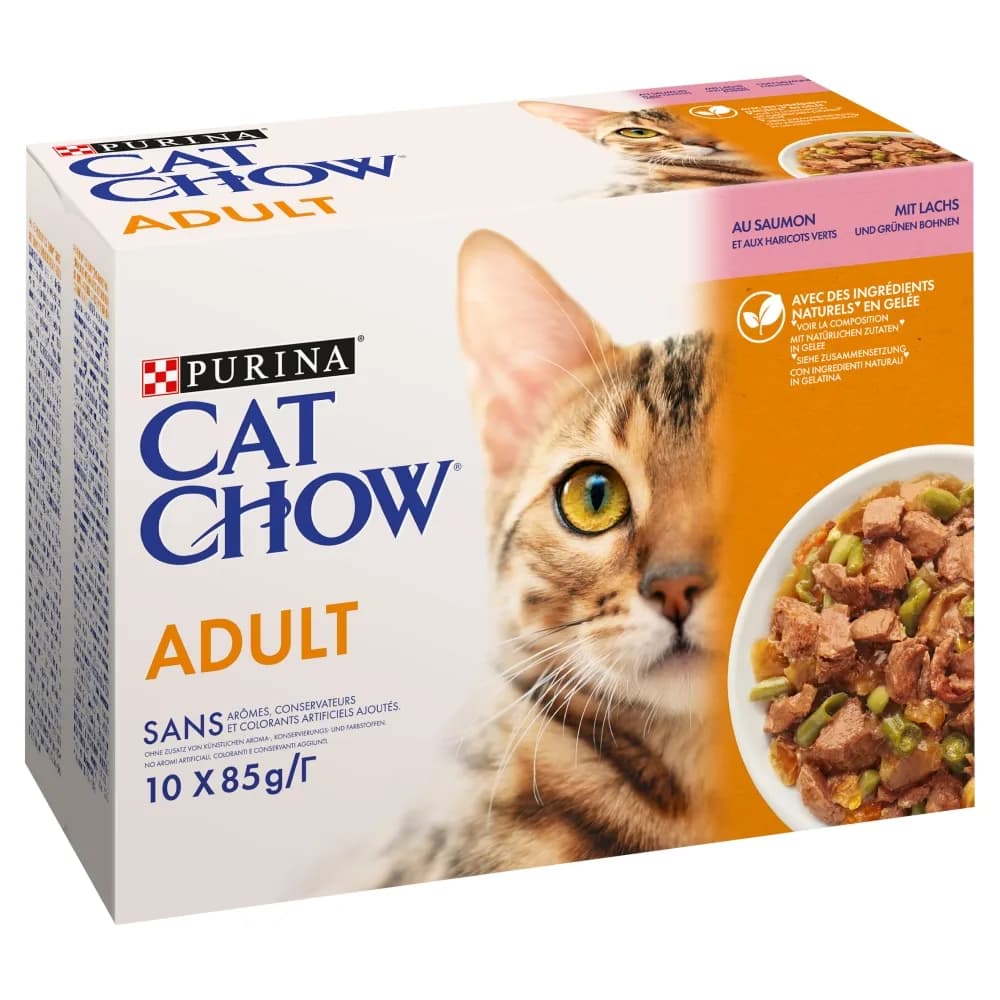 Cat Chow Purina Adult mokra karma z łososiem i zielonym groszkiem w galaretce – 10x85 g