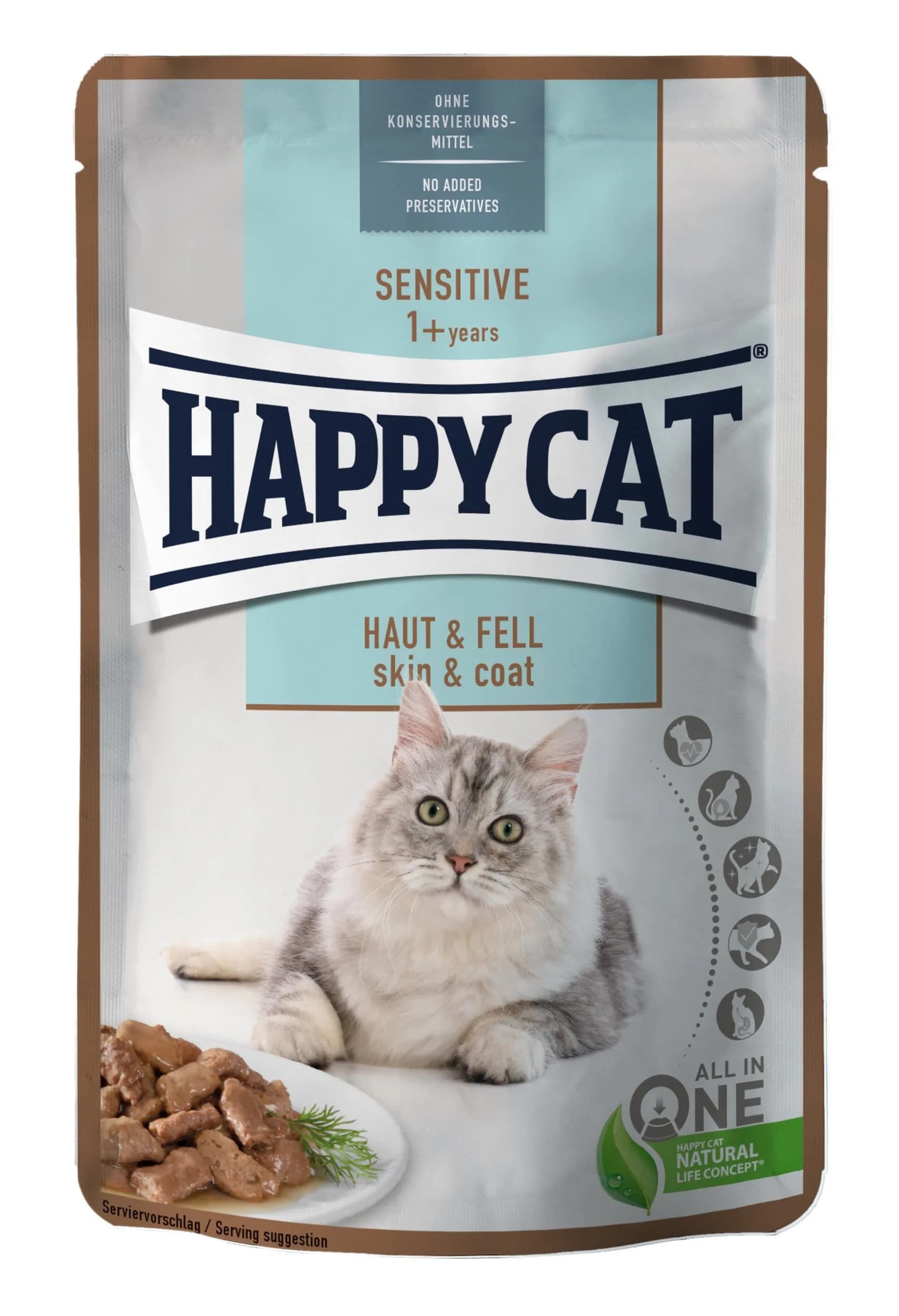 Happy Cat Sensitive Meat in Sauce Skin & Coat, mokra karma dla kotów dorosłych kurczak i łosoś 85 g