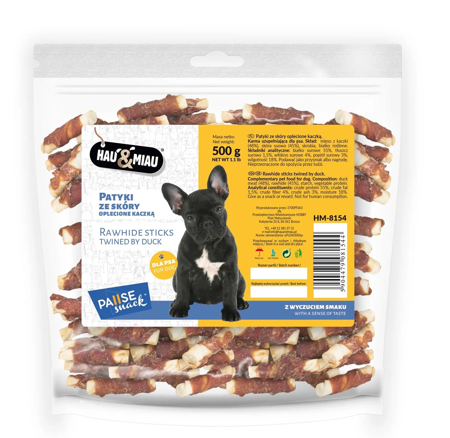 Hau&Miau Pausesnack przysmak dla psa patyki ze skóry oplecione kaczką 500 g