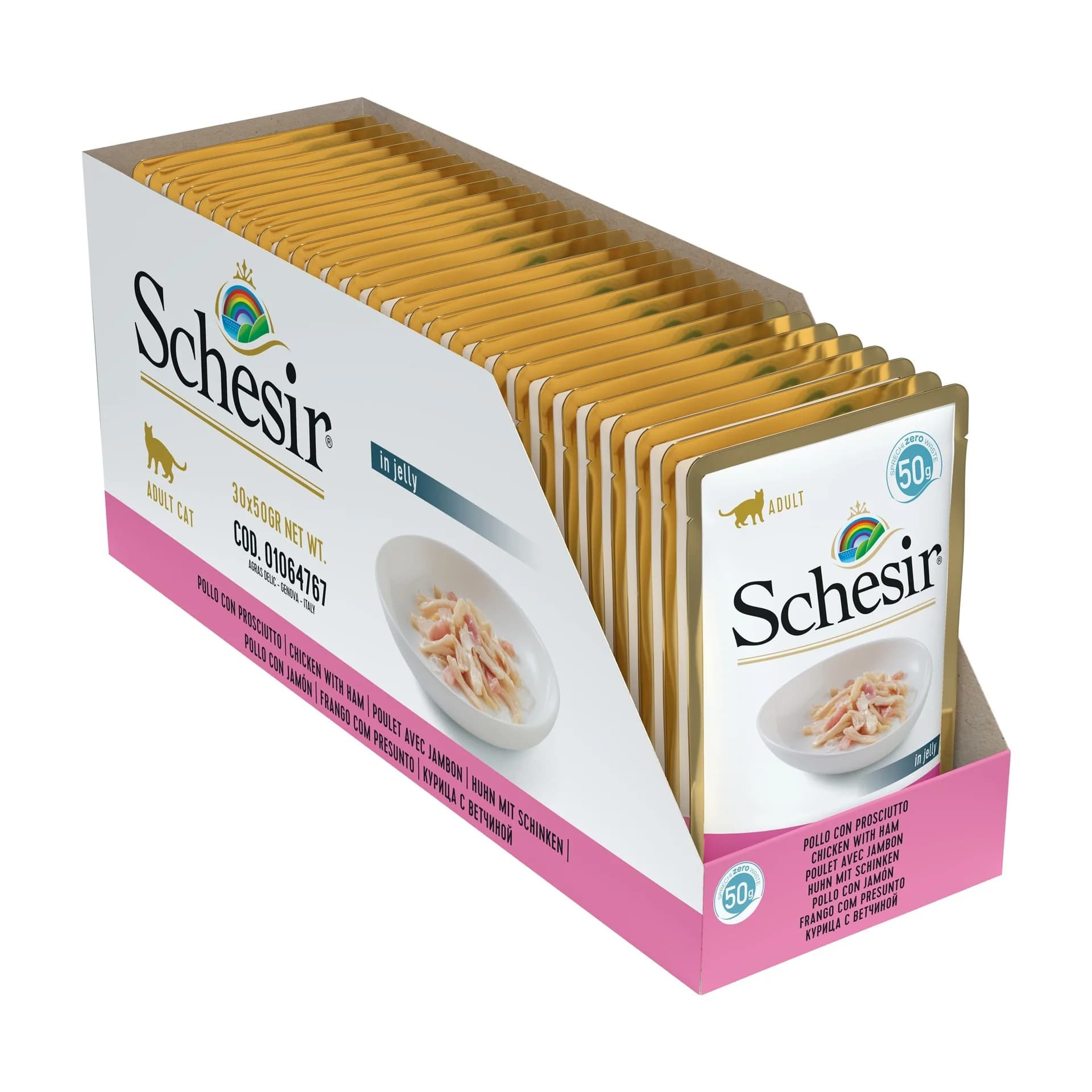 Schesir karma mokra dla dorosłych kotów kurczak z szynką w galarecie 50 g