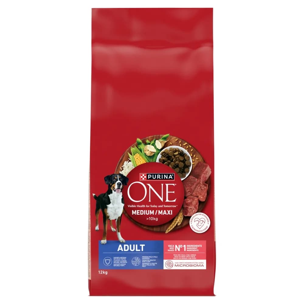 Purina ONE Adult Medium/Maxi Karma dla dorosłych psów bogata w wołowinę z ryżem – 12 kg