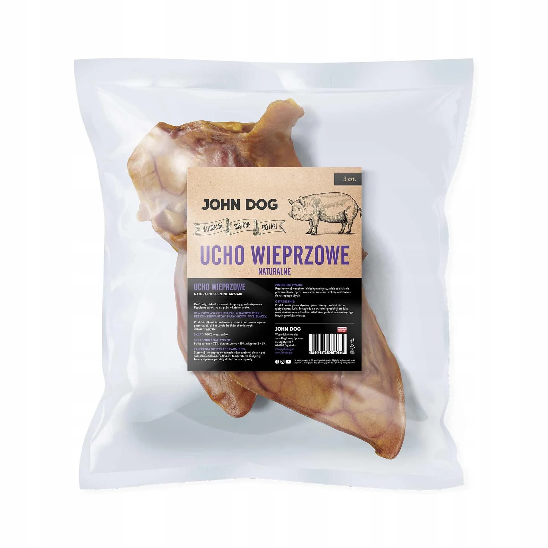 John Dog naturalny suszony gryzak dla psa Ucho wieprzowe – 3 szt.