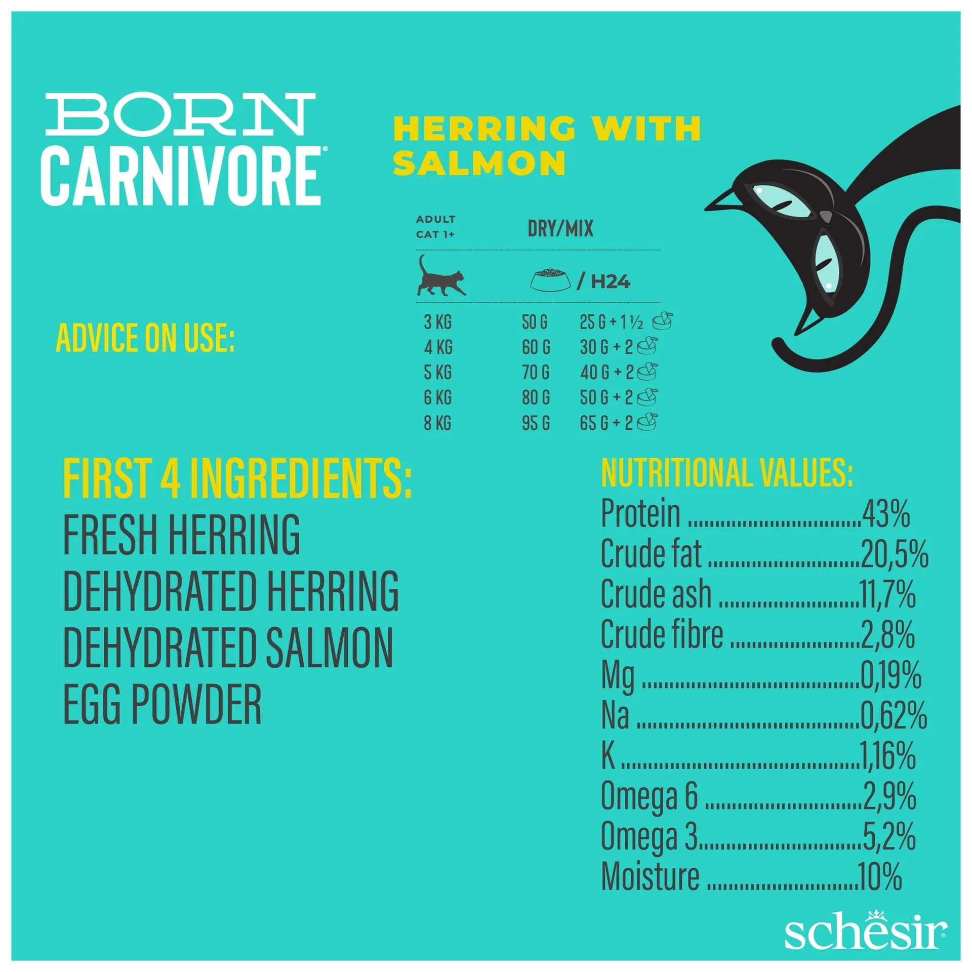 Schesir Born Carnivore karma sucha dla kotów dorosłych śledź i łosoś – 255 g