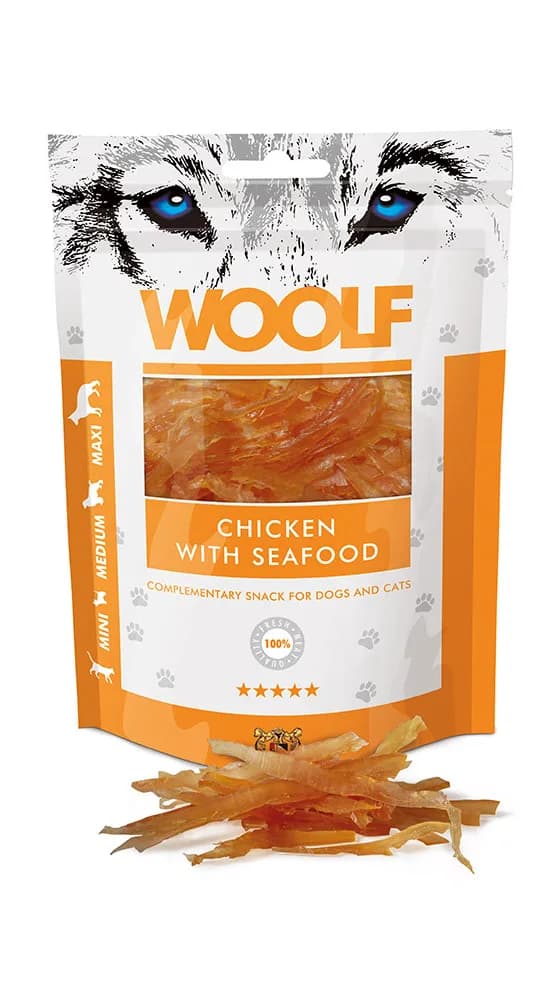 Woolf Chicken Seafood przysmak dla szczeniąt i młodych psów Kurczak z Owocami Morza 100 g