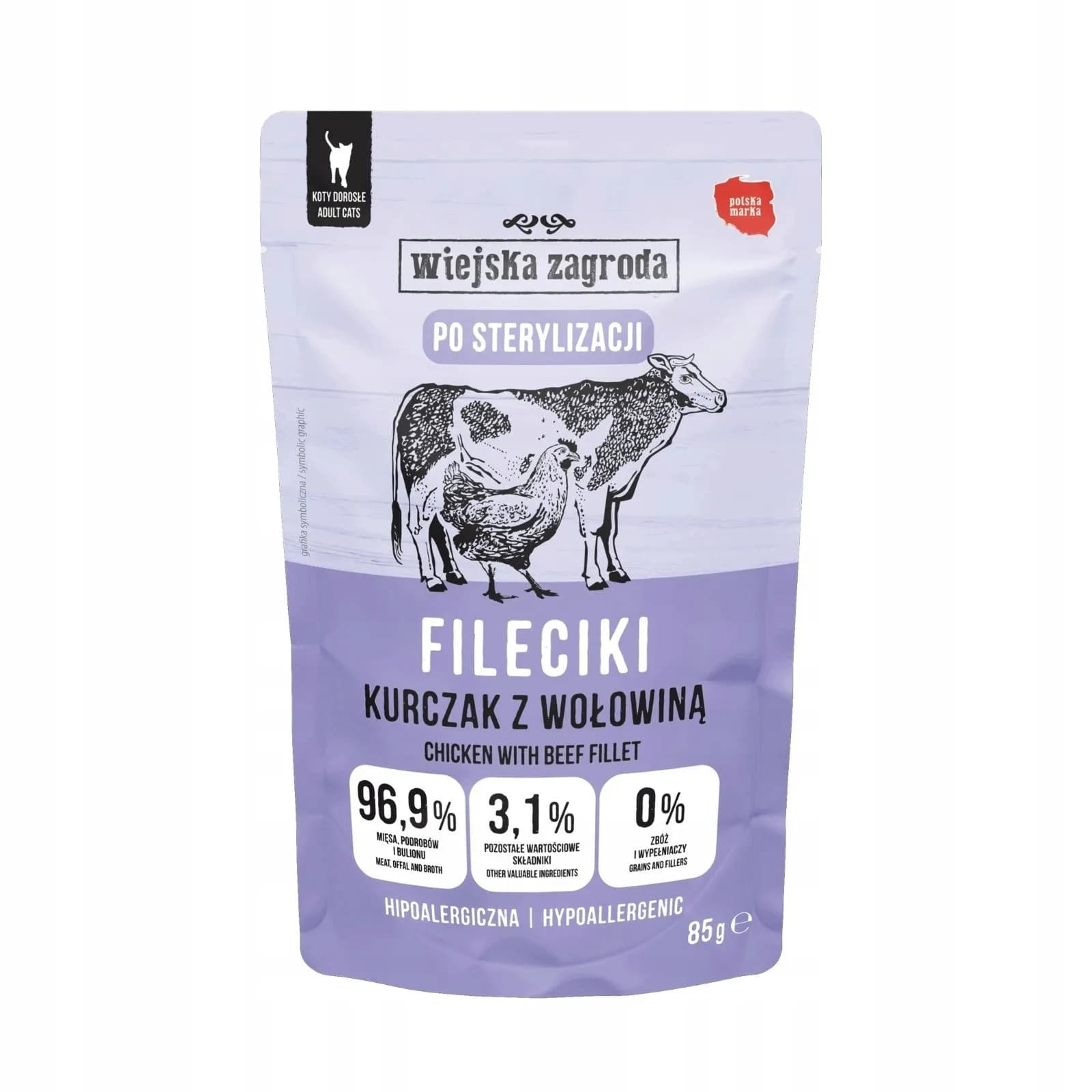 Wiejska Zagroda Karma mokra dla kotów sterylizowanych fileciki kurczak z wołowiną 85 g