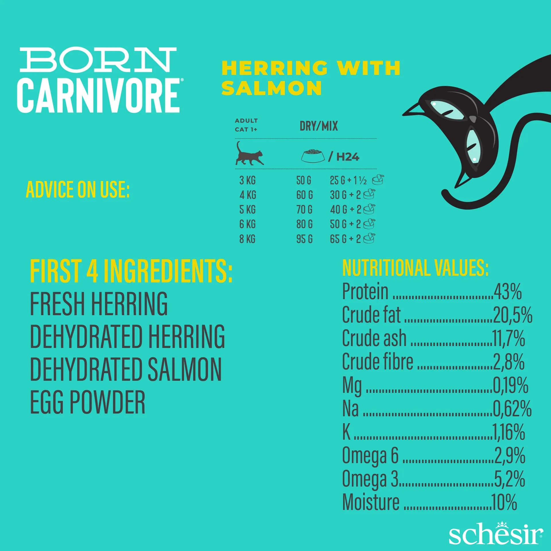 Schesir Born Carnivore karma sucha dla kotów dorosłych śledź i łosoś – 1,25 kg