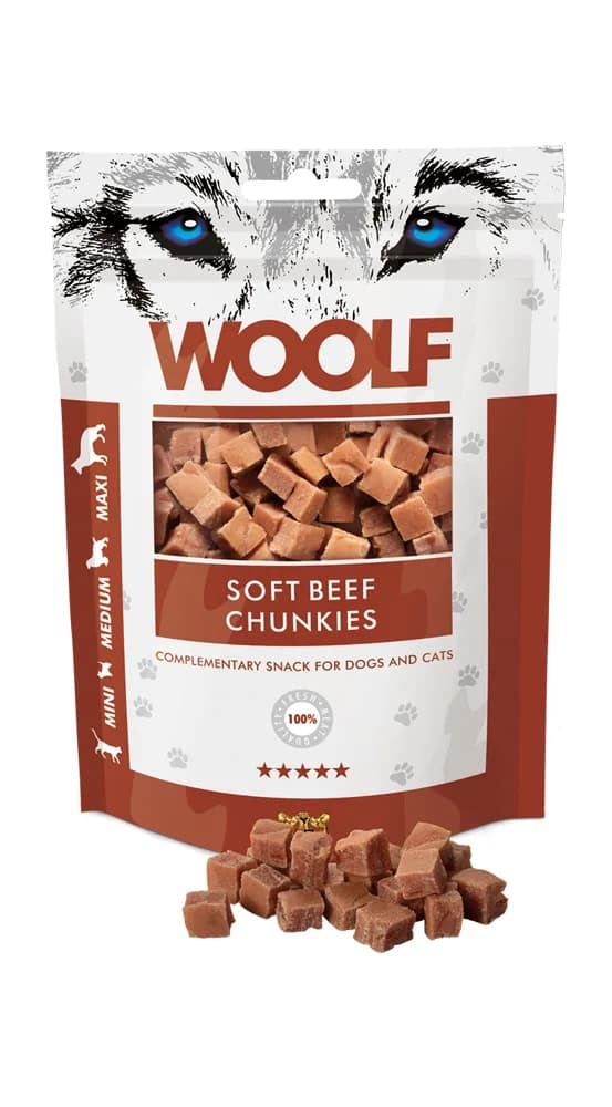 Woolf Soft Beef Chunkies Delikatny przysmak dla psa Kostki z wołowiną 100 g