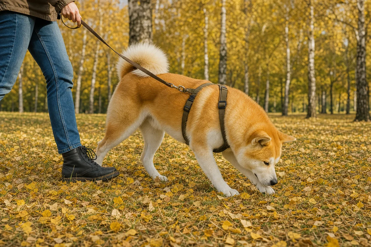 Akita na spokojnym spacerze na smyczy w parku