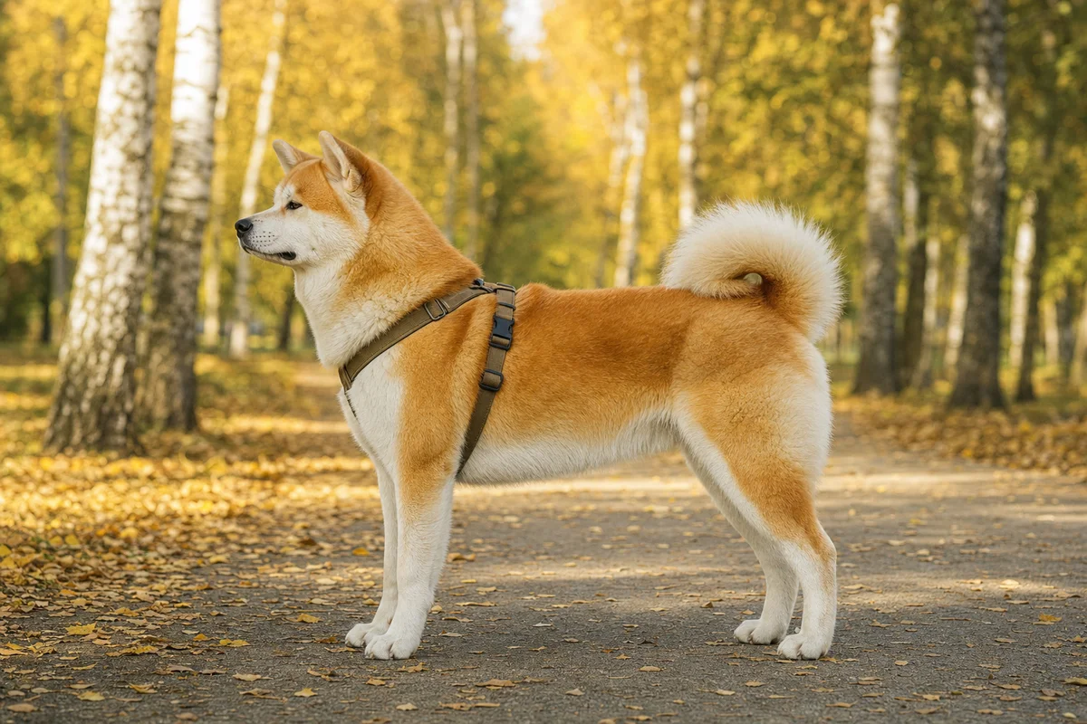 Akita z profilu — budowa, rude umaszczenie i ogon zakręcony nad grzbietem