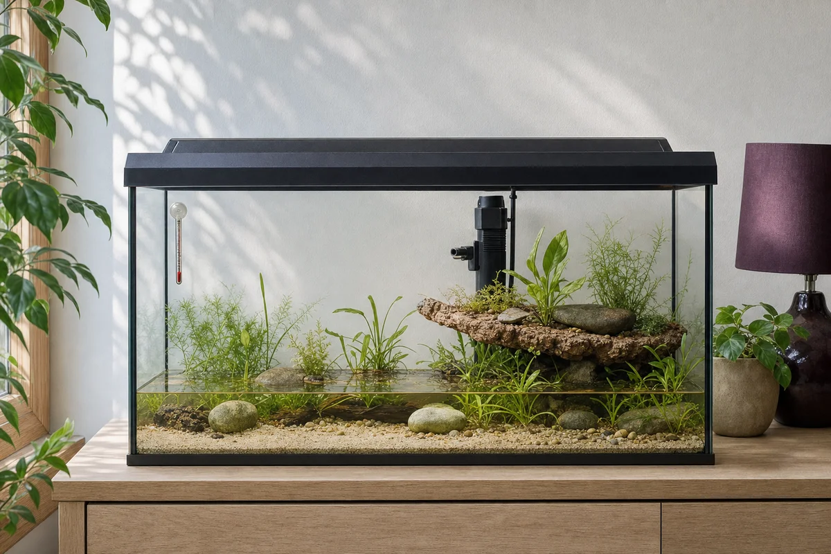 Akwaterrarium dla traszek z wysepką, filtrem i termometrem