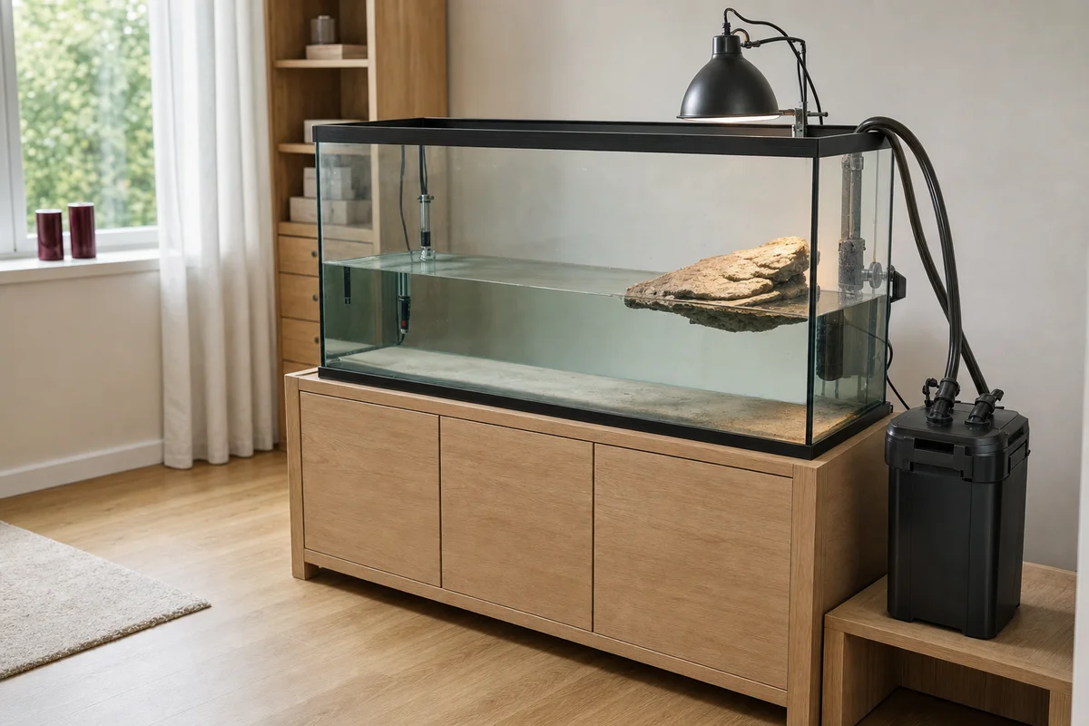 Akwaterrarium dla żółwia wodnego z wyspą, filtrem i grzałką — droższe w utrzymaniu