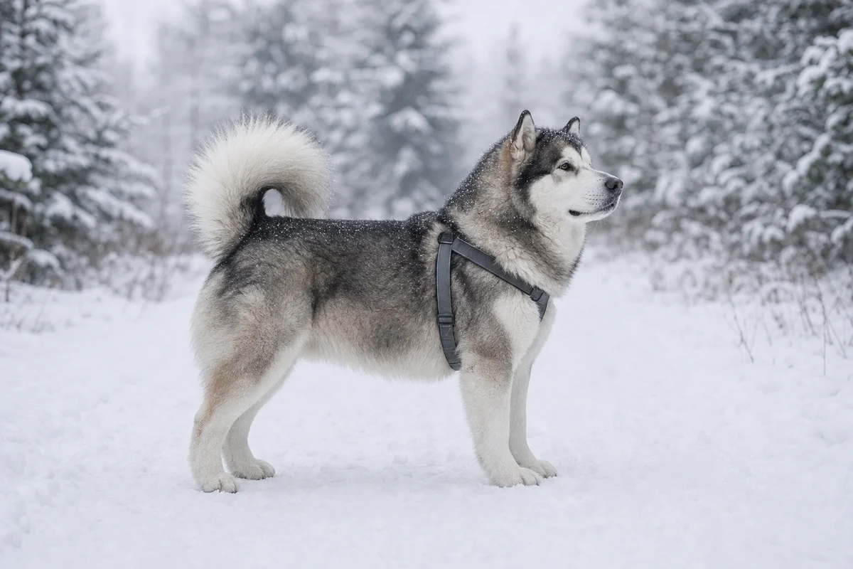 Alaskan malamute z profilu - masywna budowa i ogon nad grzbietem