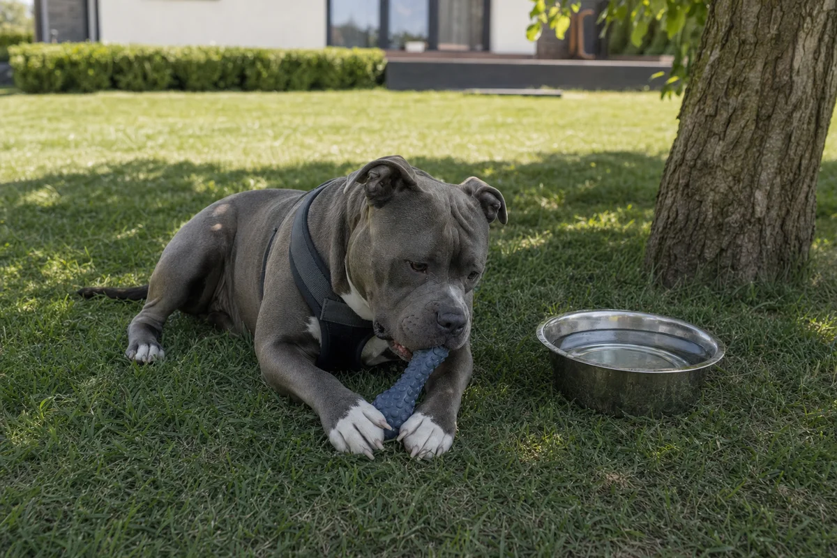 American bully w cieniu z gumowym gryzakiem i miską wody