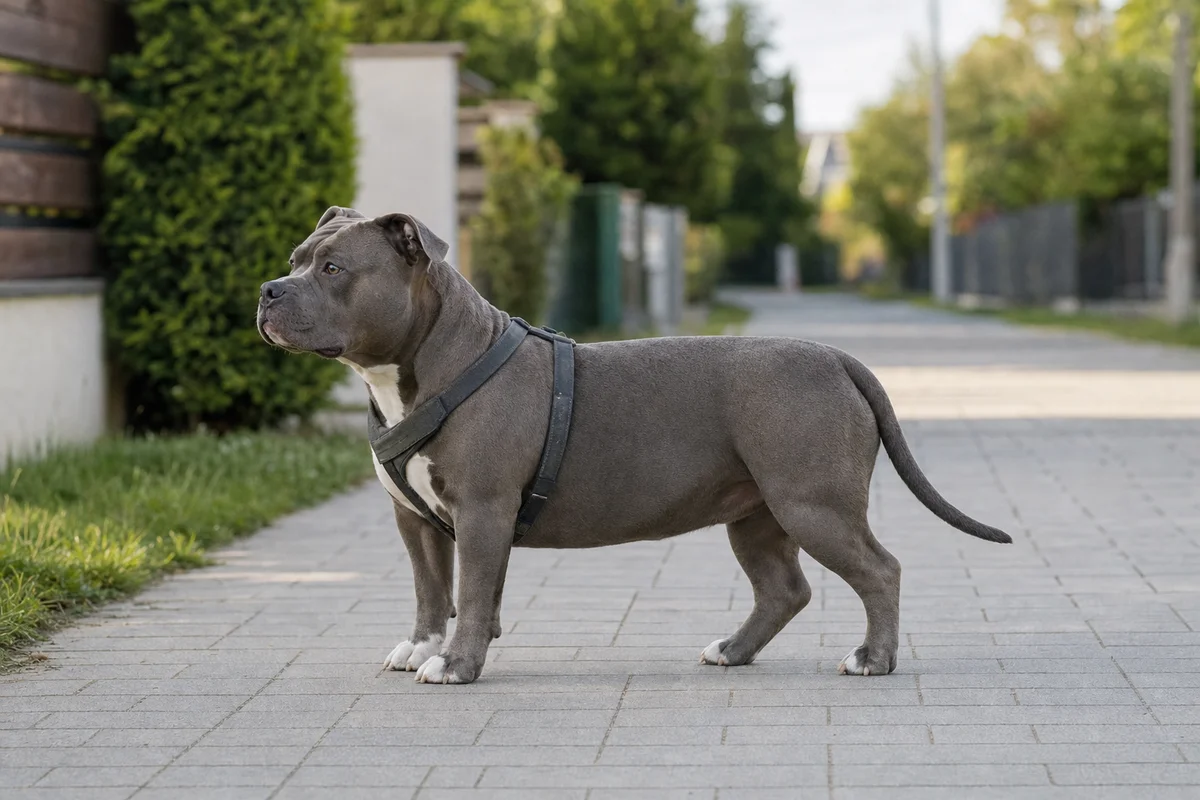 American bully z profilu — masywna, szeroka budowa