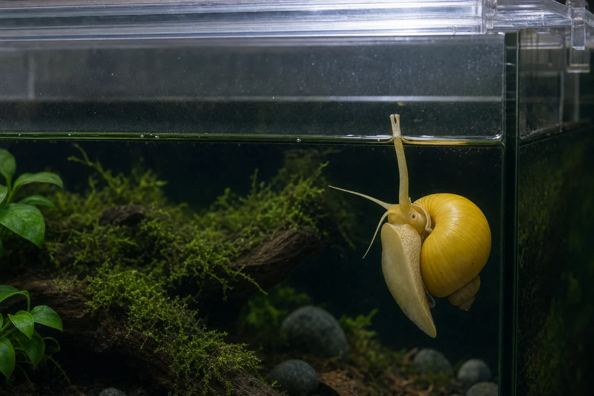 Ampularia z wysuniętą rurką oddechową pod lustrem wody w akwarium z pokrywą