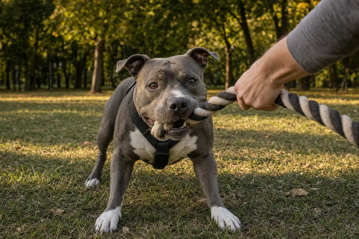 Amstaff bawi się szarpakiem z opiekunem