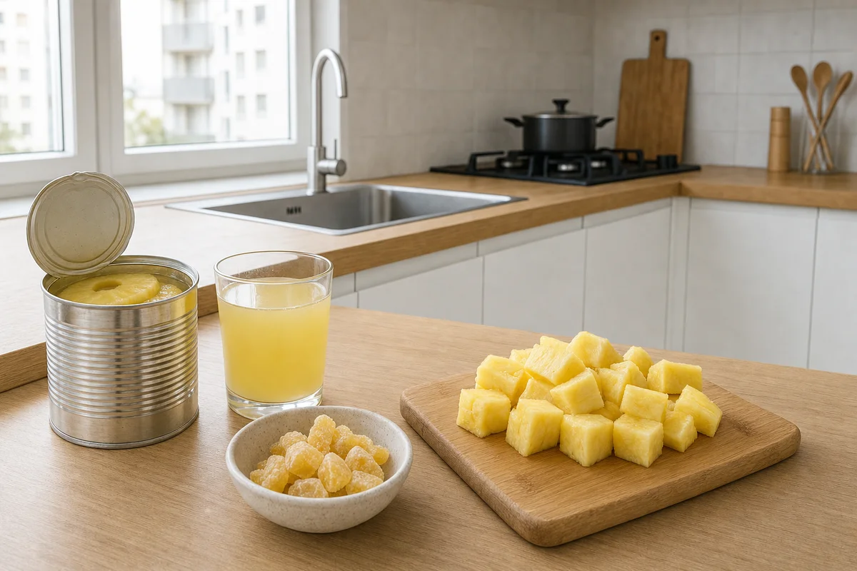 Ananas z puszki w syropie, sok i kandyzowany obok świeżego ananasa